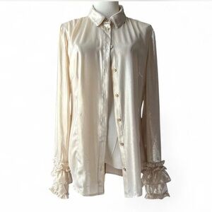 NWT Anthropologie Maeve Long-Sleeve Flounce Satin Button-down Ruffle Blouse M